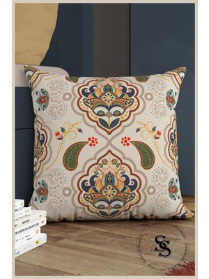 Etnik Serisi Krem Zemin Osmanlı El Sanatı Desenli 3D Dijital Baskılı Kırlent Kılıfı