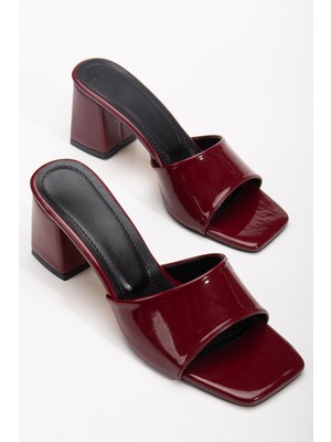 Rugan ve Düz Tekbant Bordo Rugan Kadın Topuklu Terlik