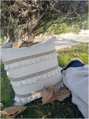 Rüyalhome Püsküllü, Kahverengi Şerit Desenli Koltuk Yastık Kılıfı  Bohem Kırlent Kılıfı