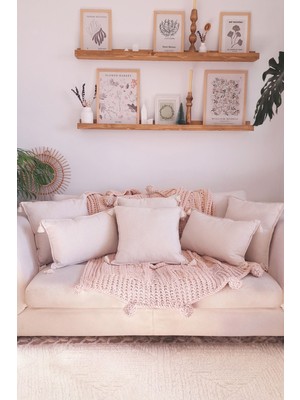 6'lı - 4 Kare & 2 Dik Handmade Elişi Natural Keten Otantik Organik Pamuklu Püsküllü Kırlent Kılıfı