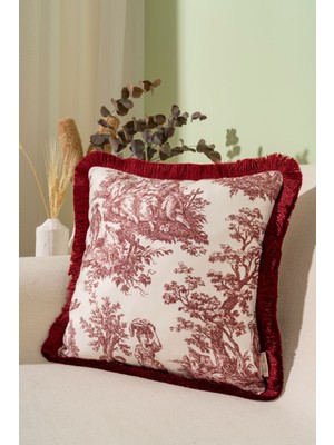 Bordo Püsküllü Ingiliz Köylüler Desenli Dekoratif 43X43CM Kare Kırlent Kılıfı