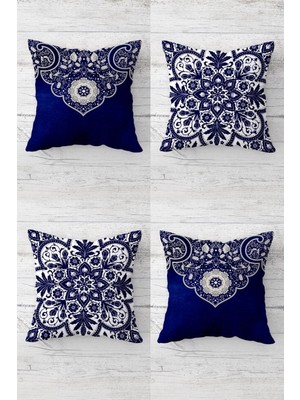 Çini Desenli Etnik Gizli Fermuarlı Kırlent Kılıfı Koltuk Yastık Kılıfı TAKIM(4ADET)