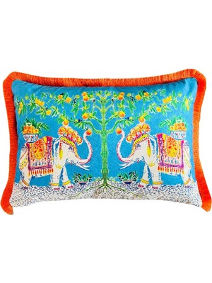 Turkuaz Kadife Çift Taraflı Dekoratif Fil Desenli Yastık Kılıfı