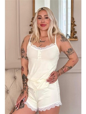 Pijama Evi Sarı Dublin Ip Askı Şortlu Kadın Pijama Takımı