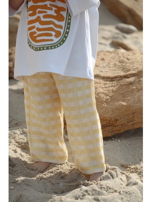 Dodo's Baby Sarı Beyaz Ekose Desenli Müslin Pantolon Unisex Çocuklar İçin Yumuşak Pamuklu Rahat Kalıp