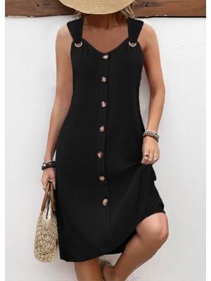 Aydoğan Ticaret44 Kadın Askılı V Yakalı Önden Düğmeli Narin Elbise