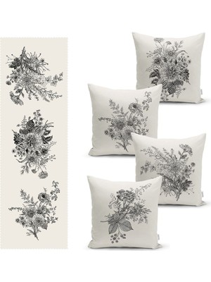 Krem Zeminli Karakalem Çiçek Demeti Motifli 4 Kırlent Kılıfı ve 1 Runner Seti