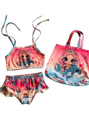 Kız Çocuk Deniz Kızı Desenli Çantalı Bikini Takımı