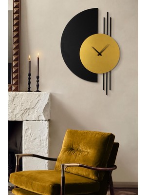 Modern Siyah-Altın Metal Duvar Saati 84X57 Cm, Şık ve Sessiz Tasarım