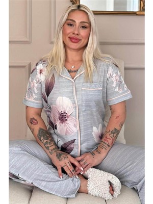 Pijama Evi Gris Magnolia Desenli Bambu Önden Düğmeli Kısa Kol Pijama Takımı