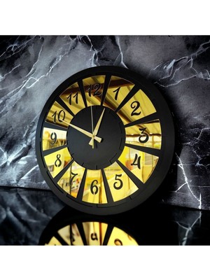 50CM Siyah Altın Detaylı Dekoratif Ahşap Duvar Saati