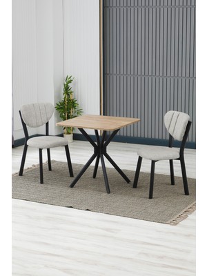 Elma Modeli Kare Mutfak Masa Sandalye Takımı, 2 Sandalye 1 Sabit Ceviz Masa  70X70 Cm, Keten Kumaş