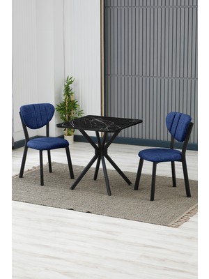 Elma Modeli Kare Mutfak Masa Sandalye Takımı 2 Sandalye 1 Siyah Mermer Desen Masa 70X70 Keten Kumaş