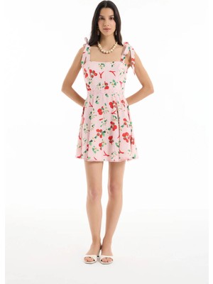 Quzu Domates Biber Desenli Askılı Mini Pembe Kadın Elbise ELB00408