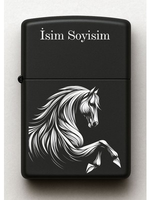 At Horse Desenli Kişiye Özel Isimli Siyah Benzinli Metal Çakmak