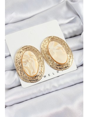 Pirinç Mermer Desenlli Bej Sedef Oval Vintage Model Gold Renk Kadın Küpe