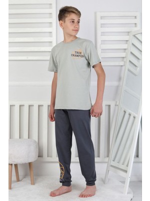 Isob Gri Basketbol Topu Desenli %100 Pamuk Kısa Kollu Erkek Çocuk Pijama Takımı 8-13 Yaş 41516-G