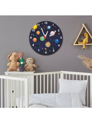 Renkli Ahşap Uzay ve Gezegenler Çocuk Odası Duvar Saati 30X30 cm