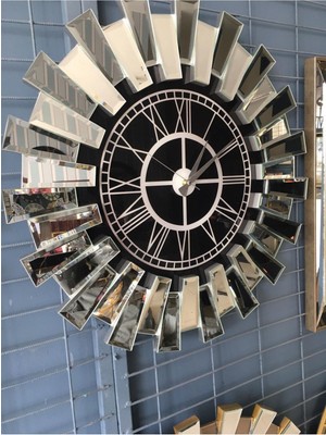 Siyah Ayna Üzerinde Gümüş Renkli Büyük Duvar Saati, Gerçek Aynalı Tasarım