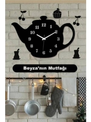 Dekoratif Ahşap Mutfak Duvar Saati, Kişiye Özel, Büyük Boy, Siyah, 50X30CM