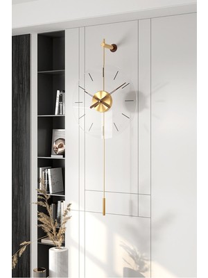 Modern Metal ve Cam Duvar Saati, Altın Detaylar, Şık ve Şık Tasarım, 36X100 cm