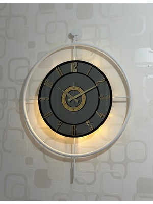 60X80 cm Büyük Metal Camlı Işıklı Duvar Saati, Beyaz, Füme, Siyah, Altın Renk Seçenekleri