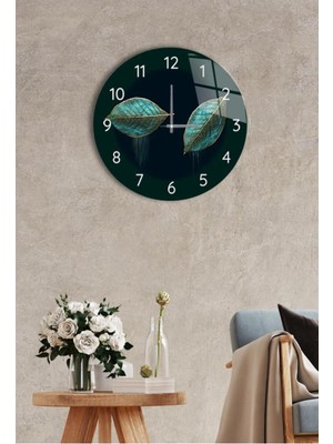 Yeşil Çap 27 cm Iki Yaprak Dekoratif Cam Saat