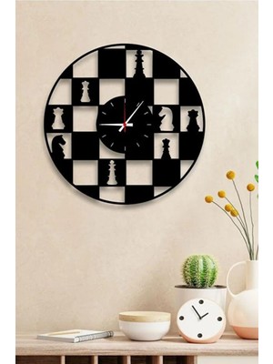 Satranç Desenli Ahşap Duvar Saati 40X40CM, Şık ve Modern Tasarım