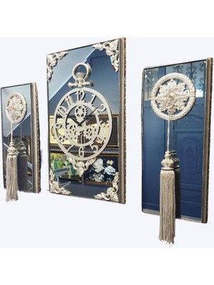 3'lü Gümüş Aynalı Püsküllü Duvar Saati Takımı, Şıklık ve Zarafet Için Muhtesem Tasarım