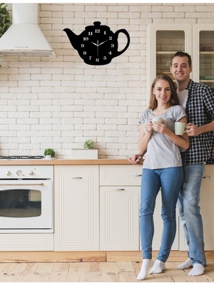 Şık Demlik Desenli Siyah Duvar Saati, Modern ve Zarif Dekorasyonu Tamamlar