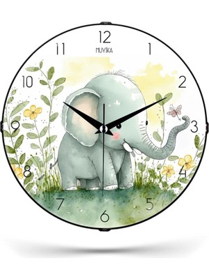 Sessiz ve Dekoratif Çocuk Odası Saati, Fil Desenli, 26CM, Şık Tasarım