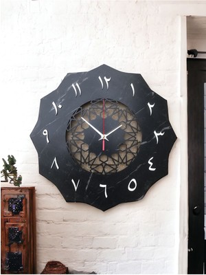 Modern Siyah Mermer Duvar Saati, Arapça Rakam, Selçuklu Tarzı Tasarım