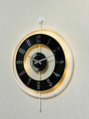 Işıklı 50X70 cm Metal Camlı Duvar Saati, Şeffaf, Beyaz, Siyah ve Gümüş Detaylarla