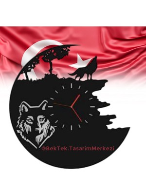 Siyah Ahşap Kurt Motifli Sessiz Duvar Saati, Şık ve Doğal Tasarım