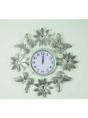 Çiçekli Taş Detaylı Ferforje Gri Duvar Saati, Şık ve Dekoratif Tasarım