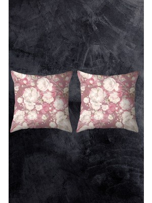 Çift Taraflı 43X43 Kırlent Kılıfı, Pembe Çiçekli, 2'li Set