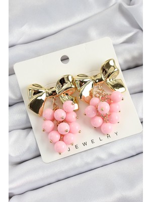 Pirinç Sallantılı Pembe Boncuklu Fiyonk Vintage Model Gold Renk Kadın Küpe