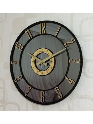 Aynalı Duvar Saati, Şık ve Modern Tasarım, 50 Cm, Füme, Siyah ve Gold Detaylar