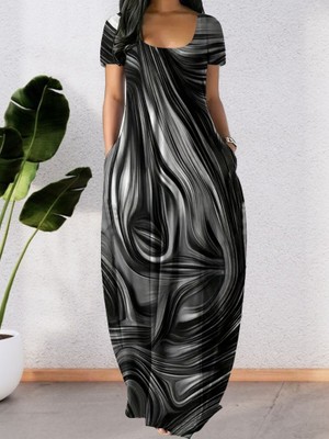 La Mode Istanbul Kadın Kısa Kollu Yuvarlak Yaka Cepli Salaş Baskılı Süprem Elbise