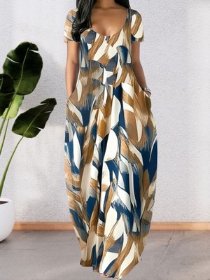 Arben Boutique Kadın Kısa Kollu Yuvarlak Yaka Cepli Salaş Baskılı Süprem Elbise