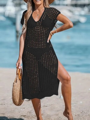 Arben Boutique Kadın Sıfır Kol V Yaka Yanı Derin Yırtmaçlı Midi Boy Triko Elbise