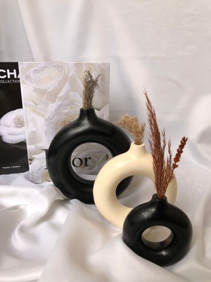 Şık 3'lü Dekoratif Vazo Seti, 20X19, 15X14, 10X6 Ölçülerinde, Siyah Krem Renk