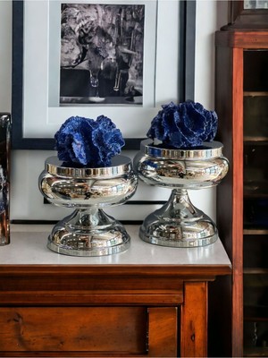 Şık 2'li Mercan Ayaklı Kutu ve Obje Seti, Gümüş ve Mavi Renkler