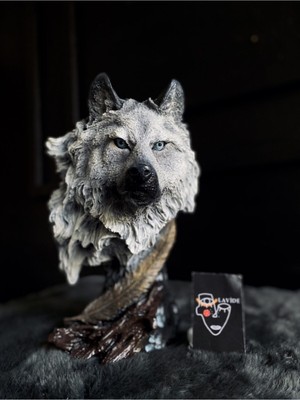 Mavi Gözlü Kurt Büst Heykel, Dekoratif Hayvan Biblo, Şık Obje