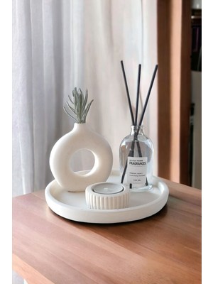 Beyaz Dekoratif Mumluklu Halka Minyatür Vazo ve Oda Kokusu Seti