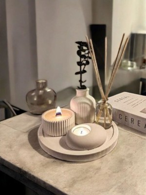 Çizgili Vazo, Ahşap Fitil Mum ve Oda Kokusu Seti, Beyaz, Dekoratif Tepsiyle