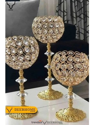 3 Lü Taşlı Kristal Gold Şamdan Seti Metal - Söz ,nişan ,ev Dekorasyon, Sunum ,doğum Günü, Hastane