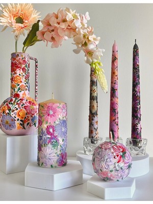 Mor Lila Beyaz Çiçek Temalı Blok ve Küre Mum Seti, Şık ve Güzel Dekorasyon.