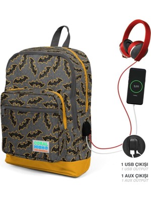 Kids Koyu Gri Hardal Yarasa Desenli Dört Bölmeli USB Şarjlı Kulaklık Çıkışlı Okul Sırt 2