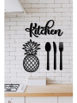 Siyah Ahşap Kitchen Ananas 5 Parça Duvar Dekoru Yazısı - Mutfak Cafe Için Lazer Kesim 35X45CM Tablo
